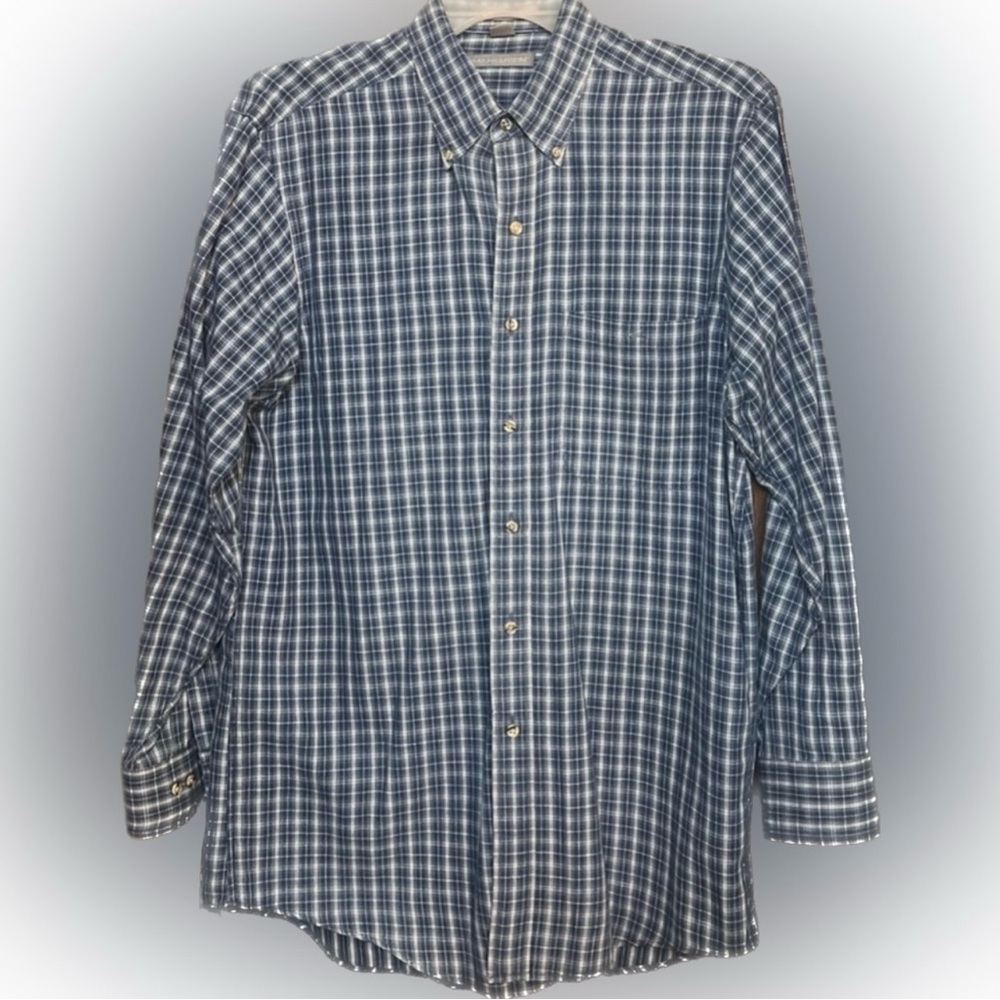 💥Blue White Plaid Van Heusen Mens Dress Shirt Button Up Cotton 15 1/2 32/33